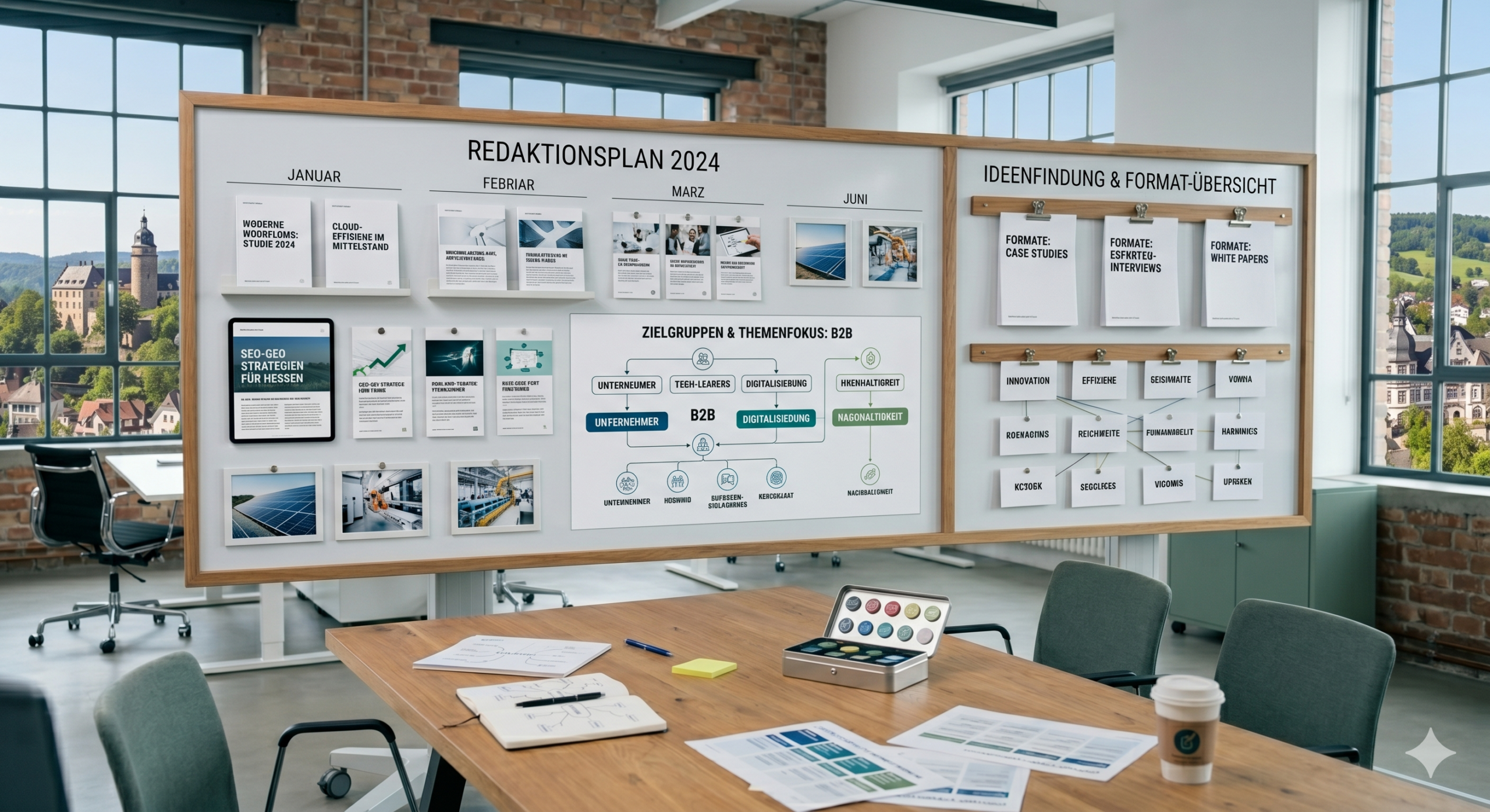 Redaktionsplan und Content-Workflow an der Pinnwand (KI-generiertes Symbolbild)