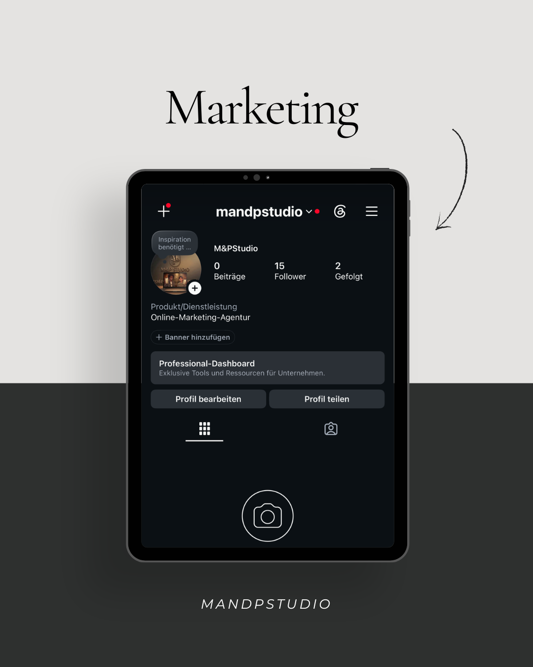 Social-Media-Auftritt von M&P Studio auf einem iPad